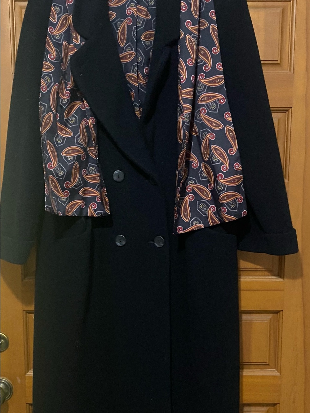 Women's Black Double-Breasted Pea Coat with Paisley Scarf